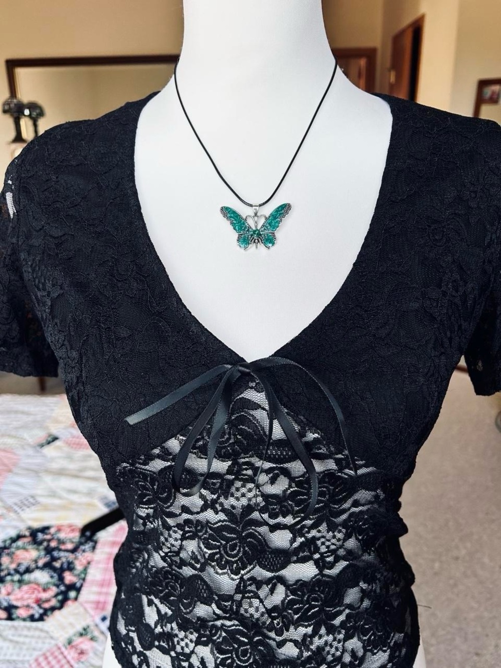 Gothic pendant butterfly necklace in green on black cord chain